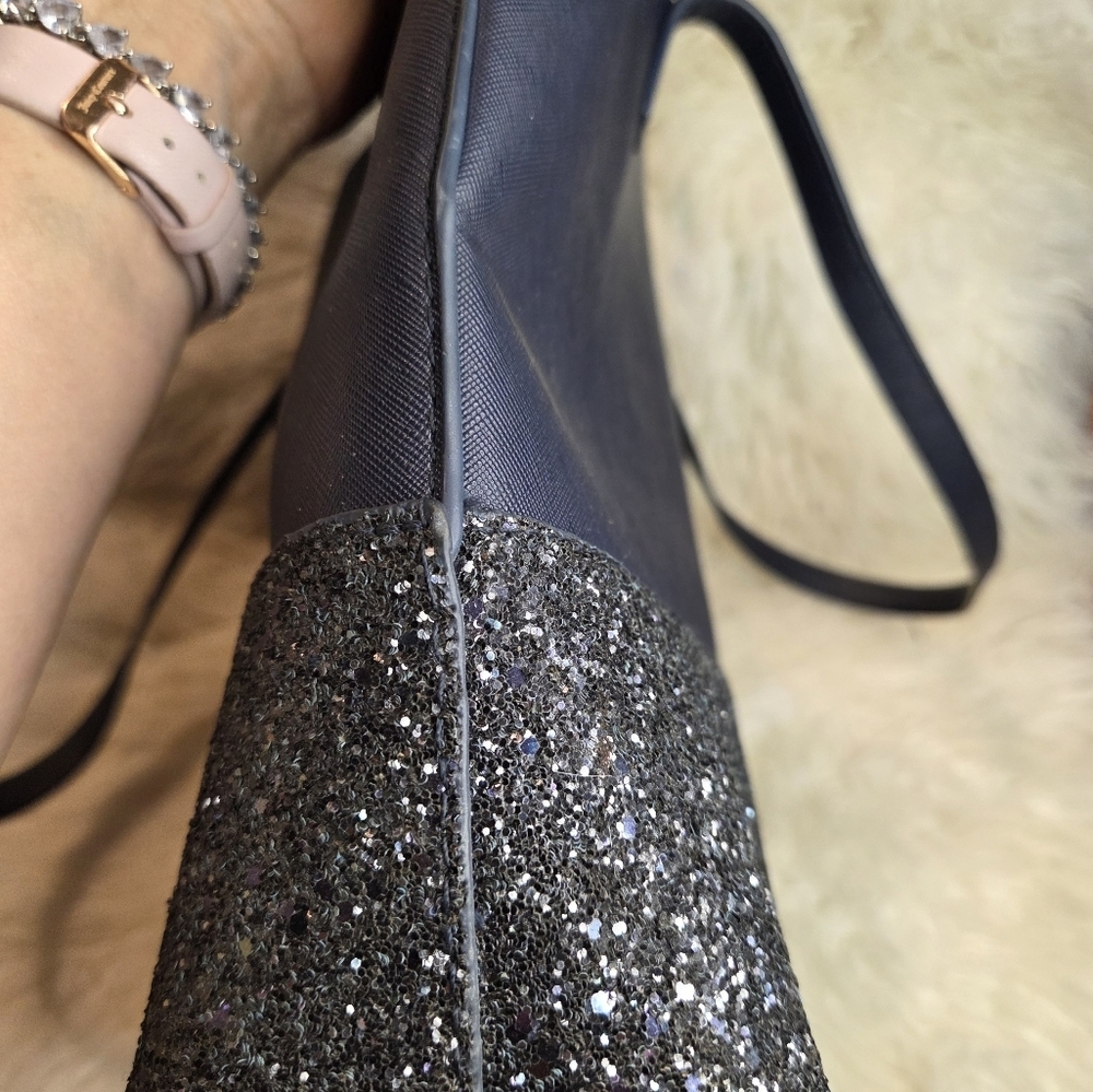 Kate Spade Navy Glitter Leather Large Tote Bag - Picture 14 of 16